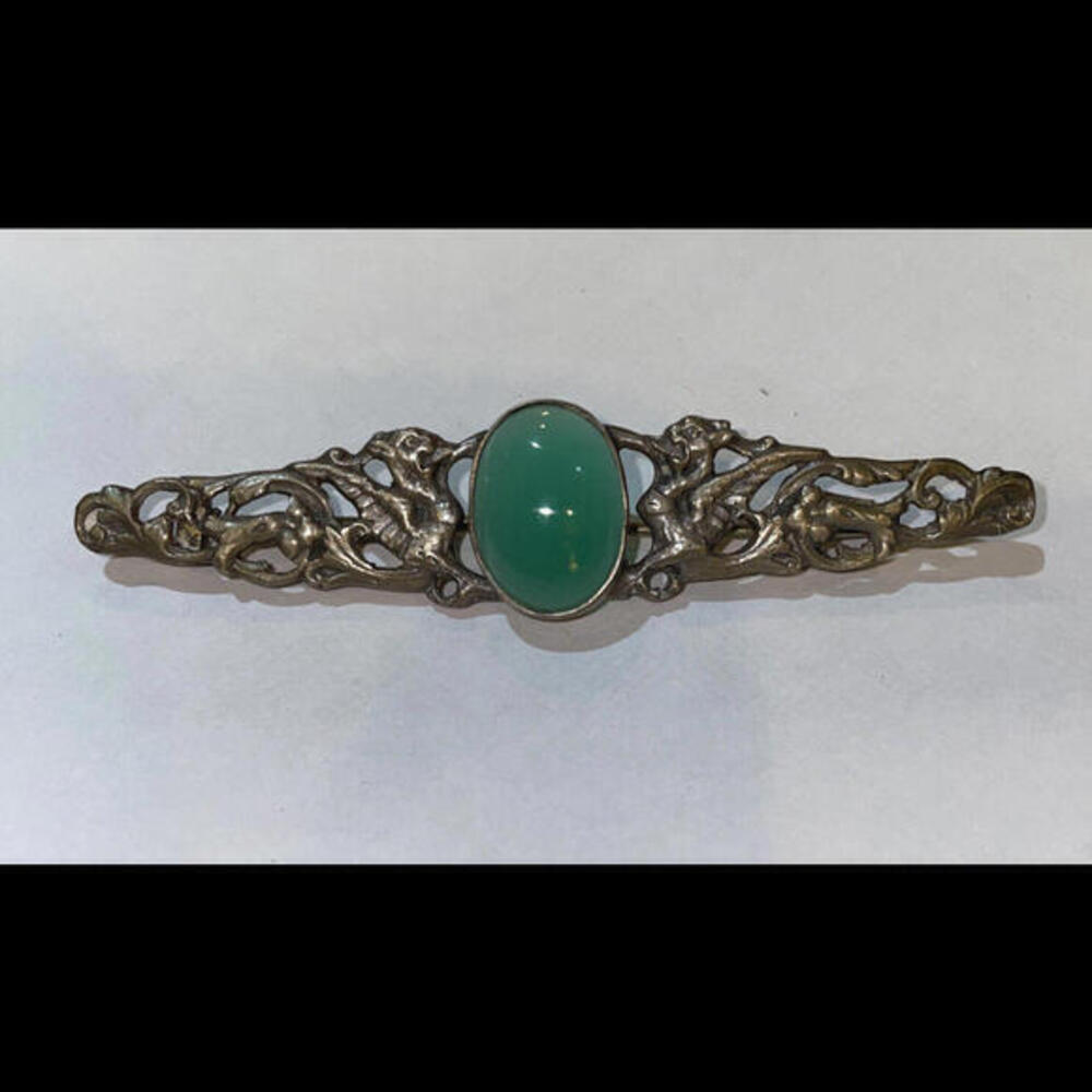 ANTIQUE SILVER 800 GREEN Gem STONE OR GLASS CABOCHON BROOCH